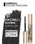 Flormar CareFULL Volume: Lash Strengthening Black Mascara for Thicker, Longer Eyelashes - Jojoba & Almond Oil, Collagen Infused, Non-Clumping Flormar CareFULL: Volumizing & Strengthening Black Mascara volume mascara, lash strengthening mascara, careful volume mascara, jojoba oil mascara, almond oil mascara, collagen mascara, black mascara, non-clumping mascara, eyelash growth mascara, natural mascara, mascara, lash care, eyelash volume, eyelash growth, non-clumping, natural finish, creamy texture, flexible 