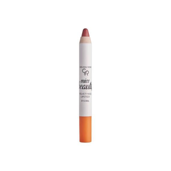Golden Rose Miss Beauty Velvety Kiss Lipstick - 07 Coral: Intense Color, Long Lasting, Non-Drying Matte Lip Color Golden Rose Coral Lipstick: Matte, Long Lasting & Non-Drying lipstick, matte lipstick, coral lipstick, velvety lipstick, long lasting lipstick, non drying lipstick, Golden Rose lipstick, Miss Beauty lipstick, coral makeup, matte lip color, lip color, lip rouge, makeup, cosmetics, beauty, coral, velvety, long-lasting, non-drying, intense color, vibrant, trendy, affordable makeup, gifts for her, b