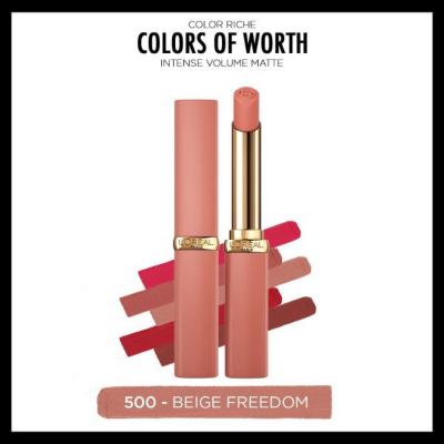 loreal-paris-color-riche-matte-lipstick-500-beige-freedom, close-up-of-loreal-paris-lipstick-tube L'Oreal Paris Color Riche Intense Volume Matte Lipstick - 500 Beige Freedom L'Oreal Paris Color Riche Matte Lipstick - Beige Freedom loreal-paris, matte-lipstick, hyaluronic-acid, intense-volume, beauty, makeup, lip-color, moisturizing, beige-freedom, ai-generated