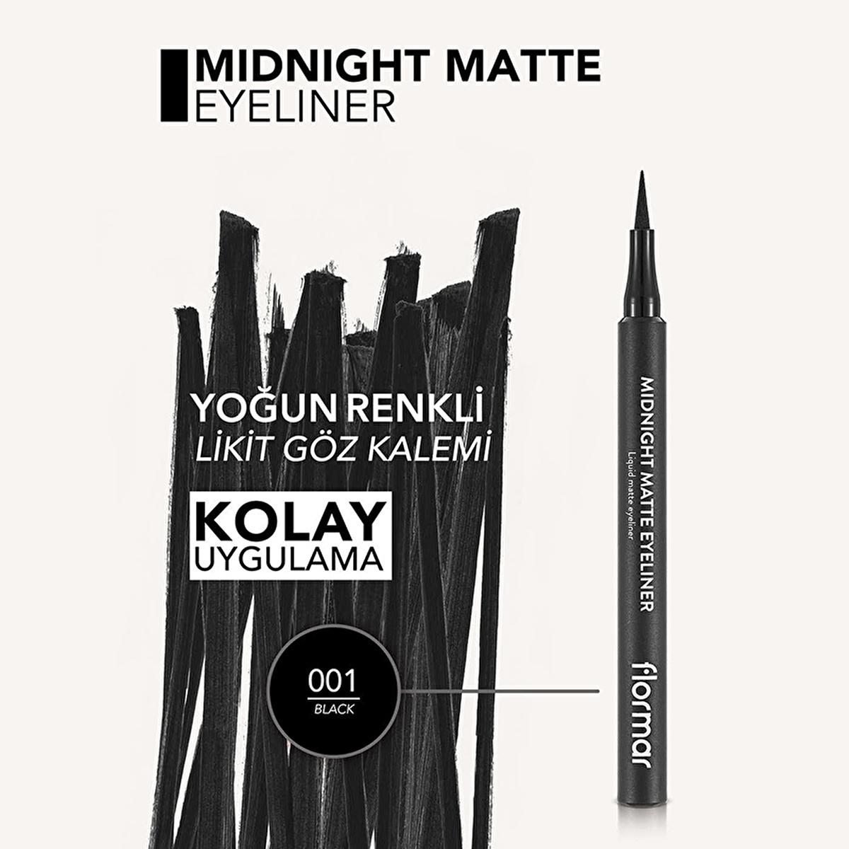 Flormar Liquid Eyeliner - Midnight Matte, Long-Lasting, Precise Application, Black Flormar Liquid Eyeliner - Precise & Long-Lasting liquid eyeliner, matte eyeliner, Flormar eyeliner, long-lasting eyeliner, felt tip eyeliner, black eyeliner, makeup, cosmetics, eye makeup, precise eyeliner, durable eyeliner, sophisticated look, everyday makeup, special occasion makeup, makeup enthusiasts