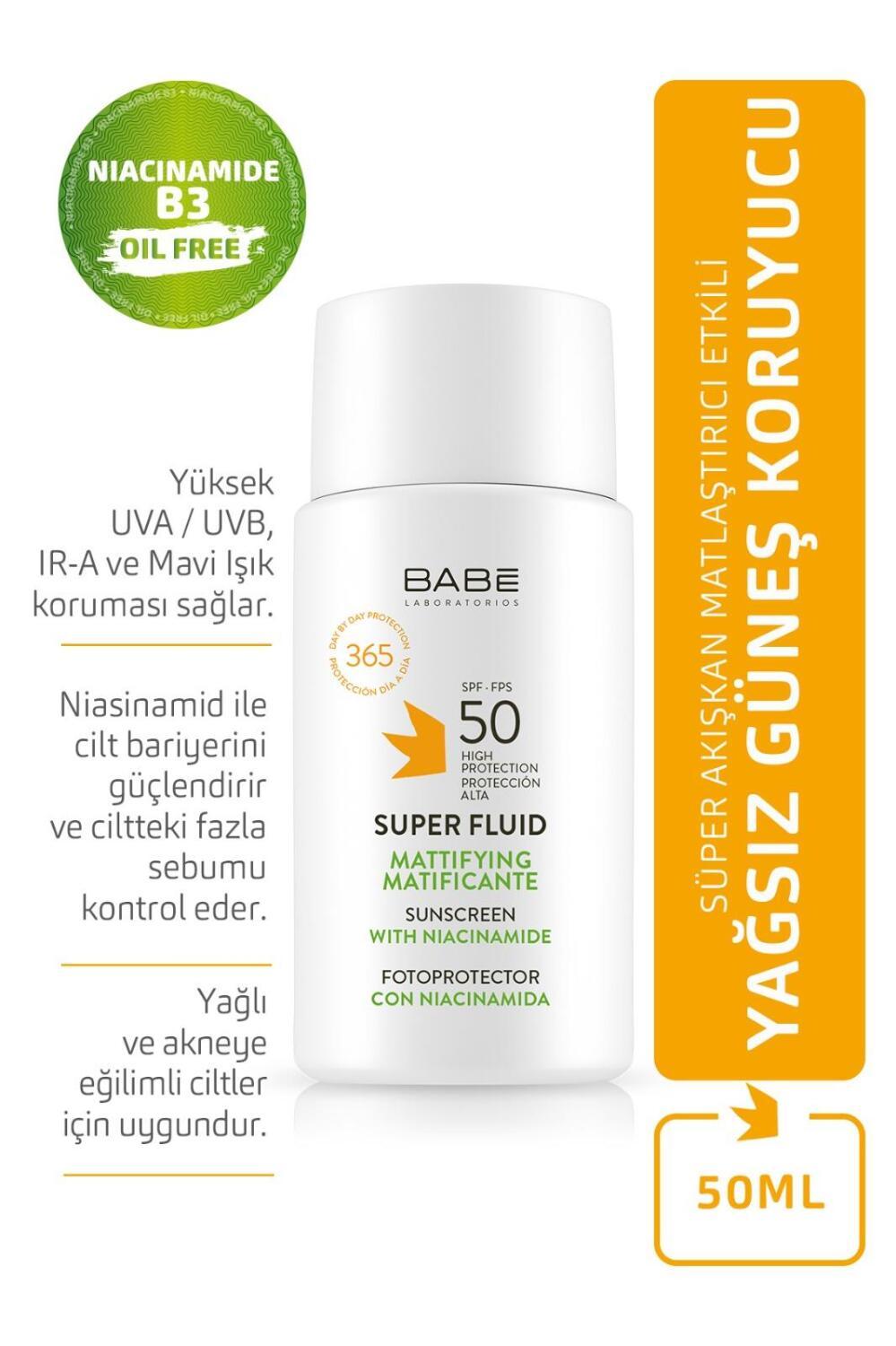 babe super fluid mattifying sunscreen spf 50 bottle, babe sunscreen applied on skin, ingredients of babe super fluid mattifying sunscreen Babe Super Fluid Mattifying Sunscreen - SPF 50 | 50 ml Babe Super Fluid Mattifying Sunscreen SPF 50 babe, sunscreen, spf-50, face-sunscreen, oil-free-sunscreen, water-resistant-sunscreen, sensitive-skin, anti-pollution, niacinamide, ai-generated