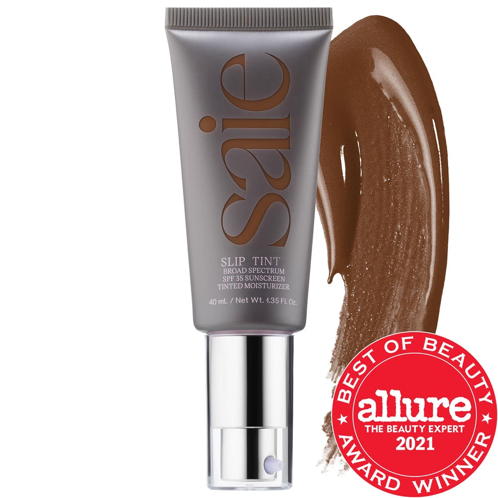 Saie Slip Tint - Lightweight Tinted Moisturizer with SPF 35, Hyaluronic Acid & Mineral Zinc Oxide for Dewy Coverage Saie Slip Tint: Tinted Moisturizer with SPF 35 & Hyaluronic Acid tinted moisturizer, SPF 35, non-comedogenic, hyaluronic acid, mineral zinc oxide, clean beauty, cruelty-free, gluten-free, recyclable packaging, natural makeup, dewy finish, lightweight, liquid formulation, skincare makeup hybrid, daily moisturizer, sun protection, sensitive skin friendly, fragrance-free