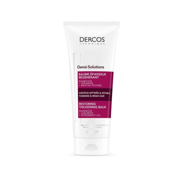 Vichy Dercos Densi-Solutions: Thickening Hair Balm for Volume & Strength | Moisturizing & Detangling Conditioner Vichy Dercos: Thickening Hair Balm for Volume & Moisture thickening hair balm, hair volumizing conditioner, hair moisturizing cream, hair detangling conditioner, Vichy Dercos hair care, thin hair treatment, volume boosting hair product, hair strengthening balm, hair conditioner, hair volume, moisturizing, detangling, glycerin, peppermint oil, rhamnose, vitamin E, antioxidant, restoring balm, hair