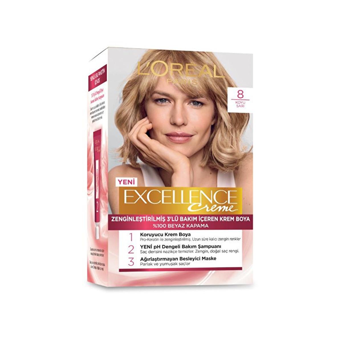 loreal-paris-excellence-creme-dark-blonde-hair-dye, loreal-paris-excellence-creme-color-results Loreal Paris Excellence Creme Hair Dye - 8 Dark Blonde for Women | 4.4 fl oz Loreal Paris Excellence Creme Dark Blonde Hair Dye loreal-paris, hair-dye, dark-blonde, 100-percent-gray-coverage, women-hair-care, long-lasting-color, pro-keratin, nourishing-hair-mask, pH-balanced, ai-generated