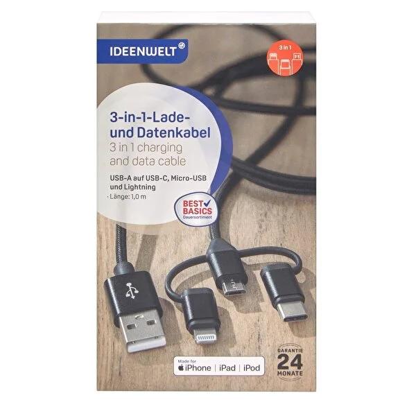 Ideenwelt 3-in-1 Charging Cable - Universal USB-C, Micro USB, Lightning Cable with Nylon Braiding Ideenwelt 3-in-1 Charging Cable - Universal Charging Solution 3-in-1 charging cable, universal charging cable, USB-C cable, Micro USB cable, Lightning cable, nylon braided cable, durable charging cable, travel accessory, tech accessory, cable organizer, charging solution