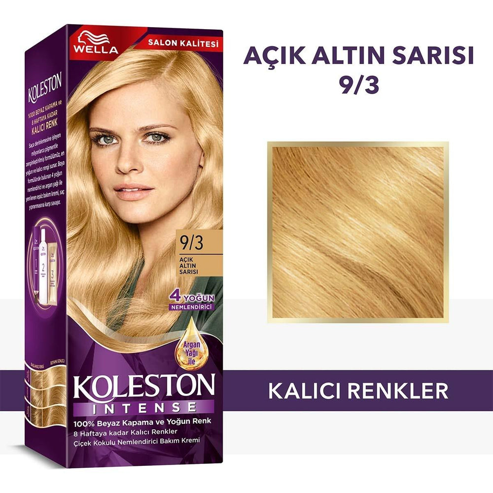 Wella Koleston Intense 9/3: Light Golden Blonde Hair Dye - 100% Gray Coverage, Argan Oil, and Long-Lasting Color Wella Koleston Light Golden Blonde Hair Dye: Gray Coverage & Argan Oil hair dye, permanent hair color, gray coverage hair dye, argan oil hair color, Wella Koleston hair dye, light golden blonde hair dye, at home hair color, long lasting hair color, hair coloring kit, hair dye with argan oil, hair color, hair coloring, blonde hair dye, golden blonde hair, light blonde hair, hair treatment, argan o
