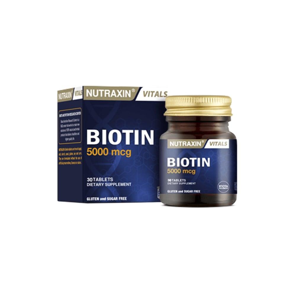 nutraxin biotin 5000 mcg supplement bottle, nutraxin biotin 30 tablet package, nutraxin biotin tablets close up Nutraxin Biotin 5000 mcg - 30 Tablets Nutraxin Biotin 5000 mcg - 30 Tablets nutraxin, biotin, dietary-supplement, adult-health, hair-skin-nails, vitamins, nutritional-supplements, health, daily-vitamin, ai-generated