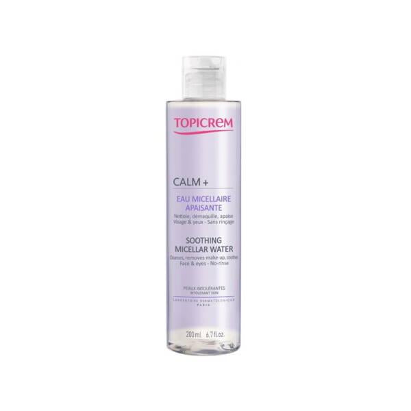 topicrem calm soothing micellar water bottle, topicrem soothing micellar water on a cotton pad Topicrem Calm+ Soothing Micellar Water - Gentle Cleansing | 200ml Topicrem Calm+ Soothing Micellar Water 200ml topicrem, micellar-water, sensitive-skin, gentle-cleanser, hydrating, makeup-remover, calming, ai-generated, facial-cleansing, soothing