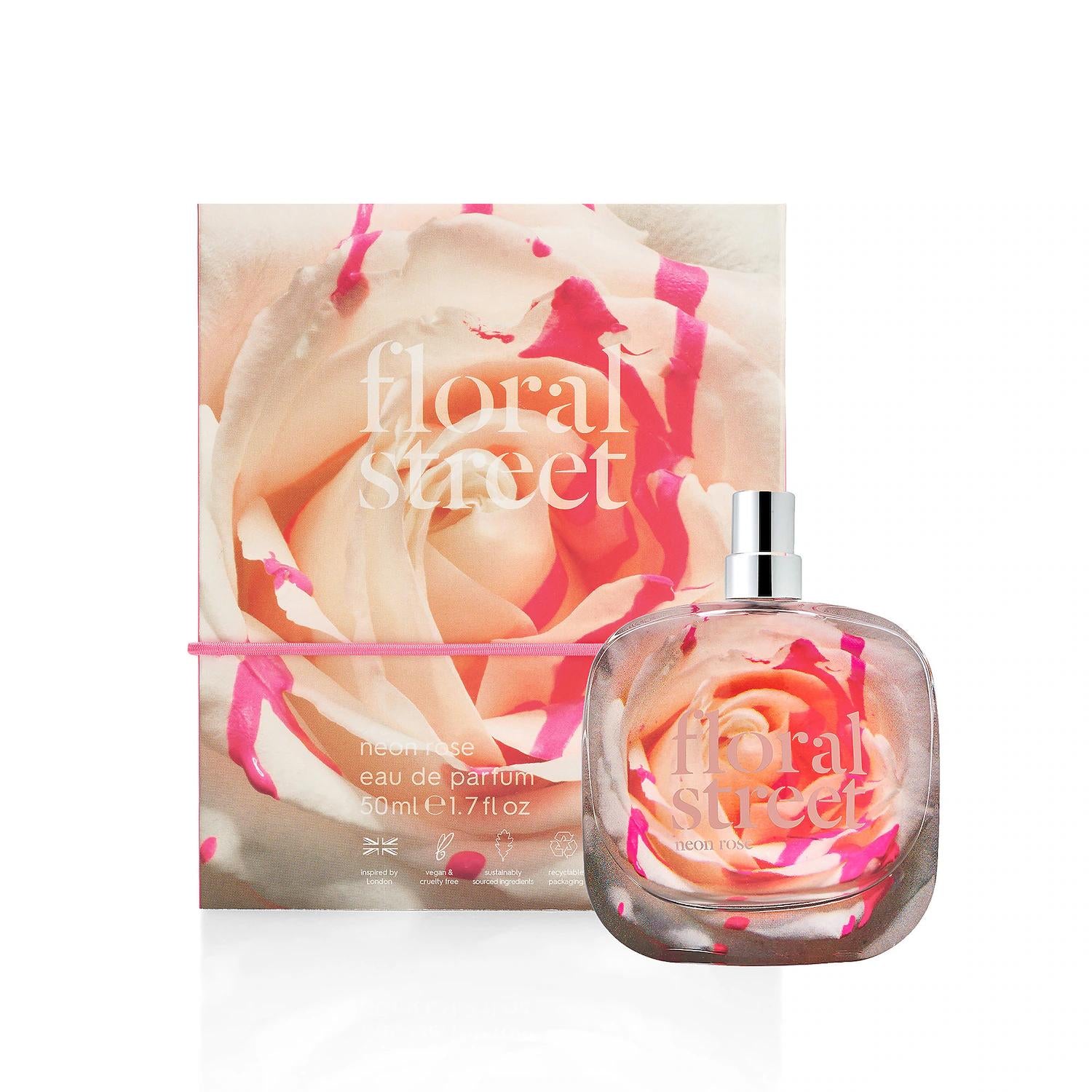 Floral Street Neon Rose Eau De Parfum - Vegan, Long-Lasting Floral Fragrance with Sustainable Packaging Neon Rose Eau De Parfum - Vegan & Sustainable Neon Rose Eau De Parfum, Vegan perfume, Floral fragrance, Sustainable packaging, FSC-certified cosmetics, Long-lasting fragrance, Eco-friendly cosmetics, Cruelty-free beauty, Floral Street, Women's perfume, Unique fragrances, Sustainable beauty products
