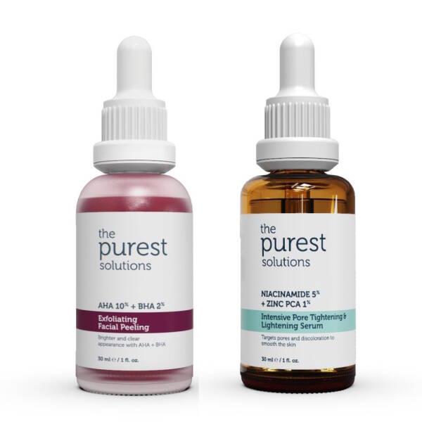 The Purest Solutions Skincare Set for Blackheads & Pore Tightening - AHA BHA Exfoliant & Niacinamide Serum - Face Serum