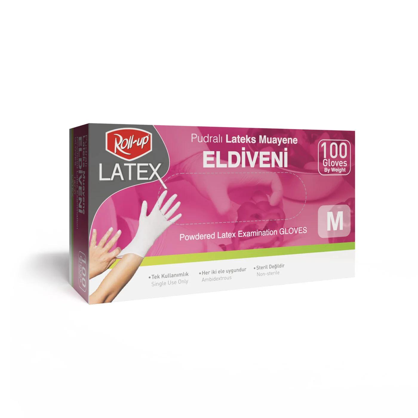 Rollup Powdered Latex Disposable Gloves Medium 100 Count