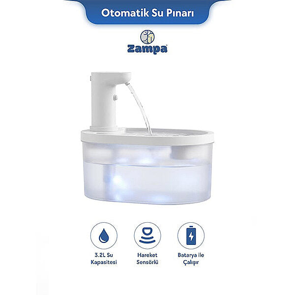 Zampa Oval Battery Powered Automatic Pet Water Fountain White